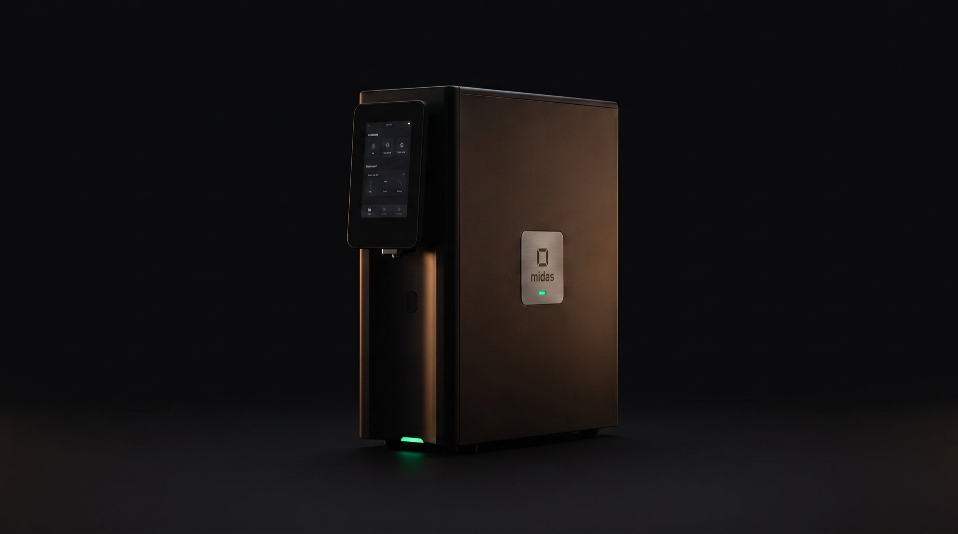 The midas appliance, a sealed matte-black system with a front touchscreen